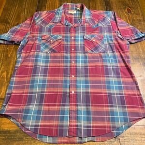 Ely Cattleman Mens XL Western Pearl Snap Shirt red Blue Plaid Short Sleeve, VTG